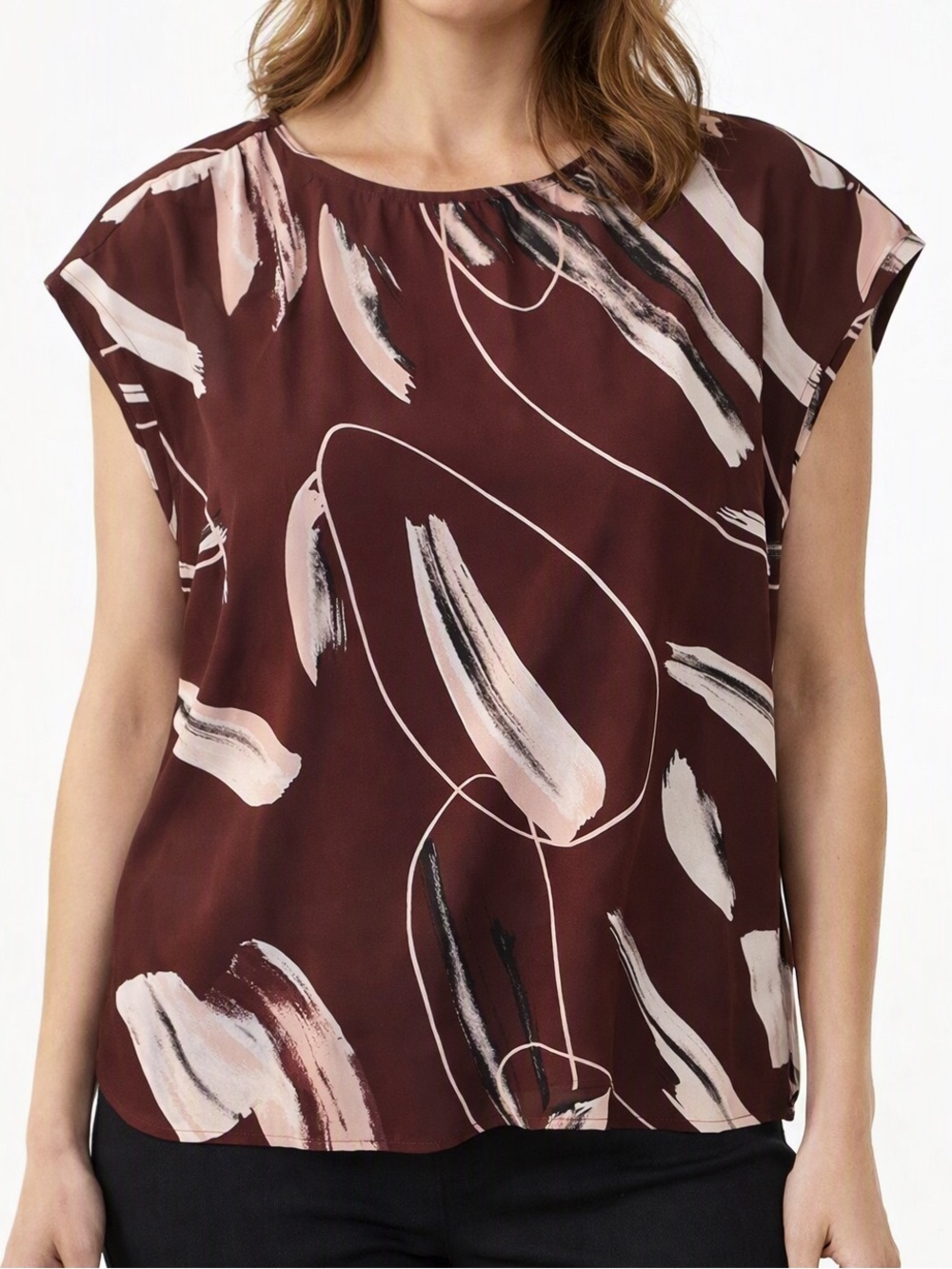 Willow & Thread Abstract Semi Sheer Print Blouse XL Burgundy Cap Sleeve